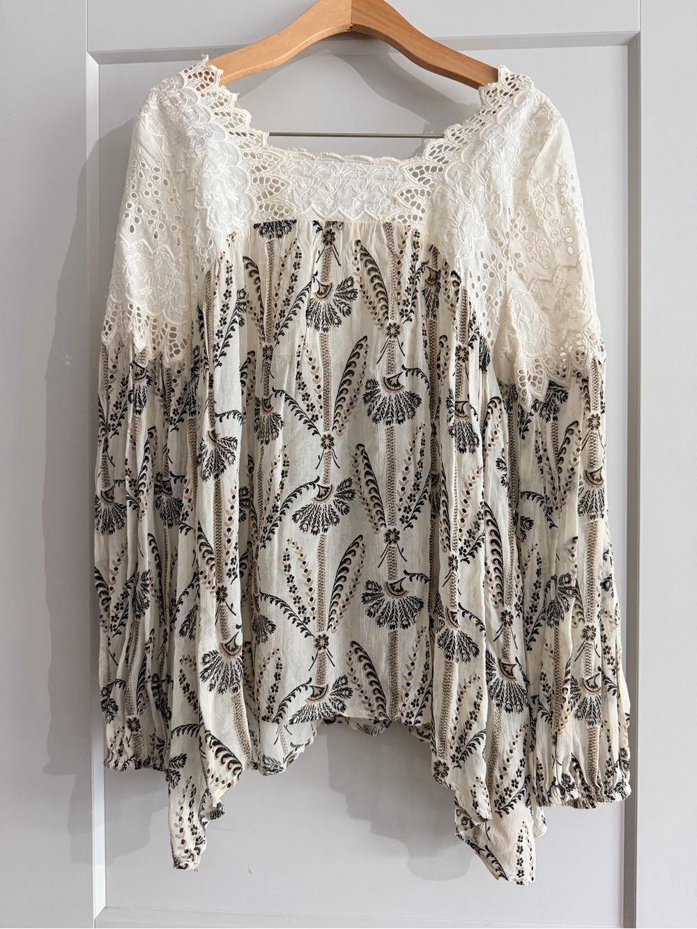 Bohemian Lace Yoke Floral Peasant Top – Cream with Black Print